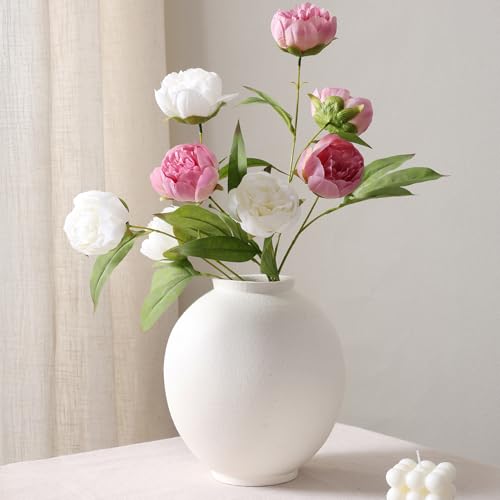 Large White Ceramic Vase - 9.8 Inch Rustic Farmhouse Flower Pot with Sandstone Texture - Indoor Table & Floor Decor - Variation: White