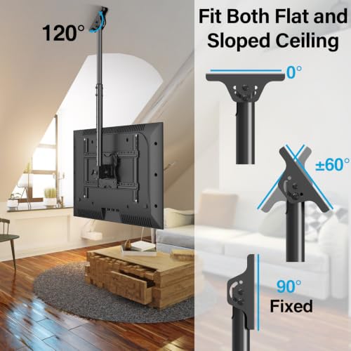 Ceiling TV Mount for 40-75 Inch Flat Curved Screens - Height 60.6 Inches, Heavy Duty Adjustable Ceiling Bracket with 360° Rotation