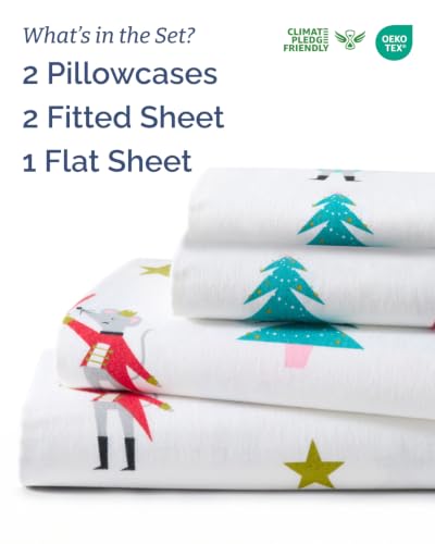 CGK 100% Cotton Flannel Bed Sheet Set - Split King, Tree Nutcracker Design