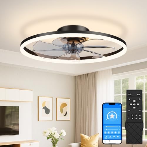 20 Inch Black Low Profile Ceiling Fan with Light and Remote - Dimmable LED Flush Mount Fan for Bedroom