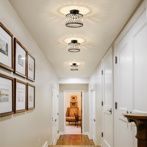 Pevfah Black Crystal Ceiling Light - 9 Inch Semi Flush Fixture for Small Spaces