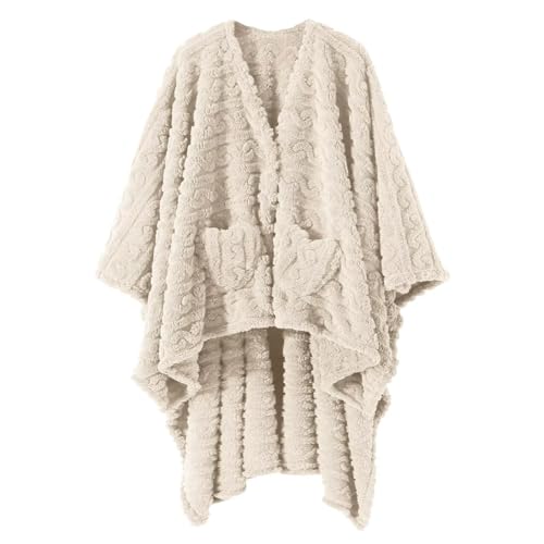 Ivory Wearable Blanket Poncho for Adults Cozy Sherpa Fleece Shawl with Pockets