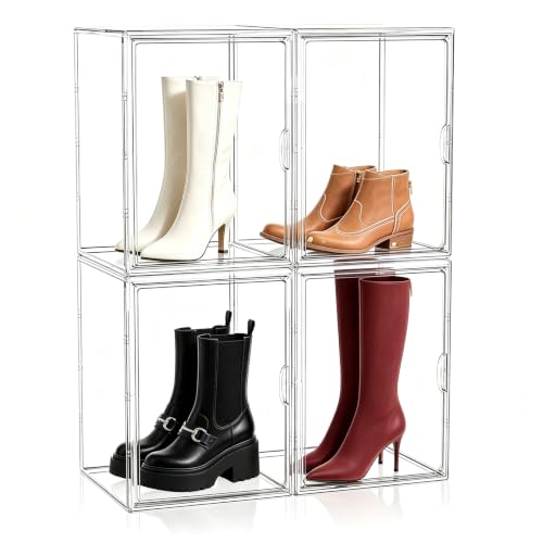 MSHOMELY 4 Pack Tall Boot Storage Organizer with Clear Magnetic Door, Stackable & Visibility
