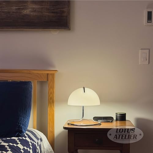 White Lotus Atelier Chrome Bauhaus Mushroom Table Lamp - Mid Century Modern Nightstand Light