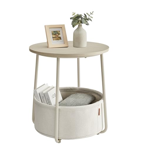 Cream White Small Round Side End Table with Fabric Storage Basket - Modern Nightstand