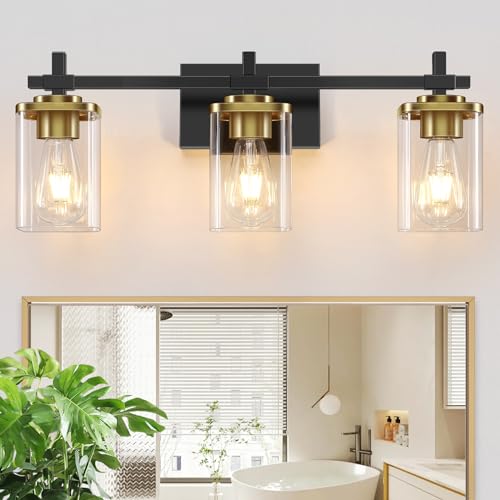 Black and Gold Bathroom Light Fixtures - 3-Lights Vanity Wall Sconces with Square Glass Shades - Variation of THIS listing