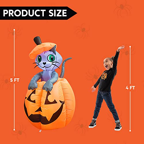 Blue Cat With Pumpkin Inflatable Halloween Decor - 5 FT Animated Outdoor Yard Decoration