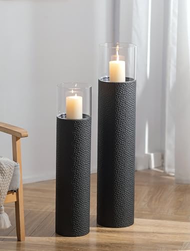 Sziqiqi Tall Floor Candle Holders Set - 27.95in & 34.65in Black Hurricane Pillar Candle Holders with Glass, Modern Home Decor