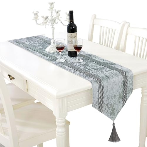 Jiino 13x84 Gray Elegant Velvet Table Runner with Silver Sequin Rhinestones