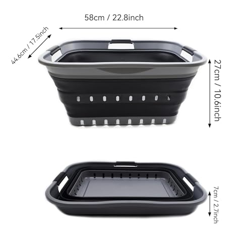 Collapsible Laundry Basket with Handles - 42L Space Saver Storage Bin - Grey/Black