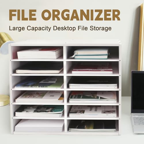 SONGWAY 12-Slot Desk Paper Organizer with Adjustable Shelves, Mail Sorter, Classroom Office Storage, White