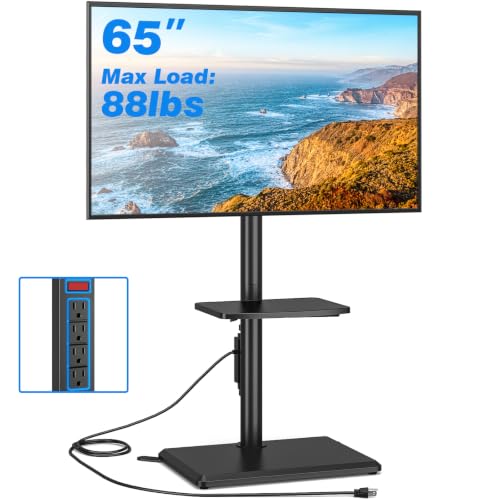 Rfiver Swivel Floor TV Stand with Power Outlet - Black, Height Adjustable, Fits 32-65 Inch TVs