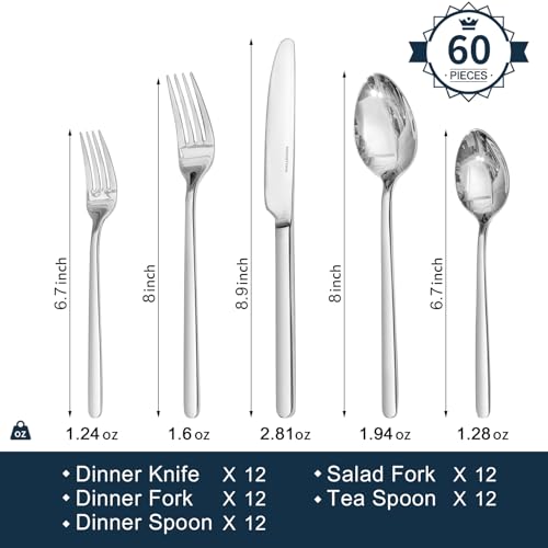 Silverware Set for 12 - 60 Pcs 18/10 Stainless Steel Flatware Cutlery, Variation of Silver