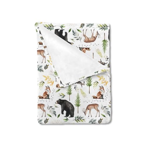 HawSkgFub Forest Animals Baby Blanket Boys Shower Gift, Bear Fox Deer Pine Tree Flannel Fleece Nursery Bed Receiving Swaddle, Soft Lightweight Newborn Infant Toddler Crib Bedding 30 x 40