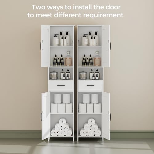 Homhedy 67-Inch Tall Bathroom Storage Cabinet with Barn Doors, Drawer, White - Reversible Door
