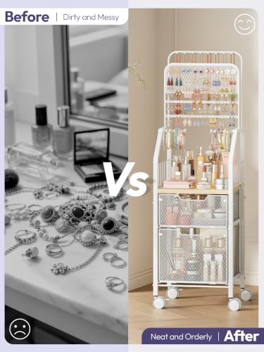 White Rolling Jewelry & Makeup Organizer Cart with Large Drawer - Metal