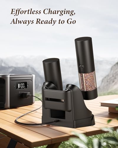 Electric Salt and Pepper Grinder Set - Black with Charging Base - Automatic Rechargeable