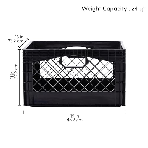 Black Plastic 24-Quart Rectangular Milk Crates 3-Pack with Handles - Heavy Duty Storage Bins