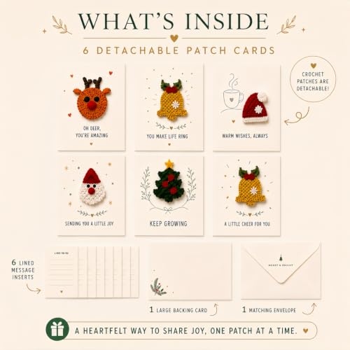 6 Pcs Christmas Greeting Cards with Removable Crochet Appliques - Holiday Seasonal Notes
