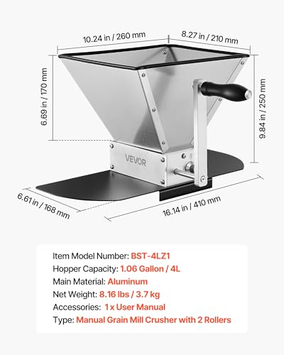 VEVOR 4L Manual Grain Mill with Adjustable Stainless Steel Rollers for Homebrewing