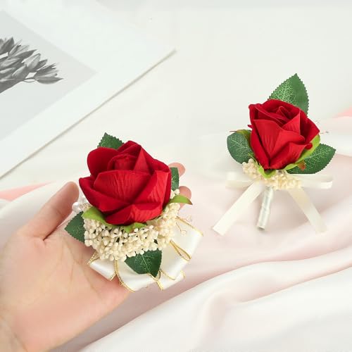 2pcs Red Corsage Wristlet Boutonniere for Men Silk Christmas Corsgea and Boutonniere Set Double Pearl Wrist Corsage Bracelets Rose Boutonniere for Wedding Party Prom Decor
