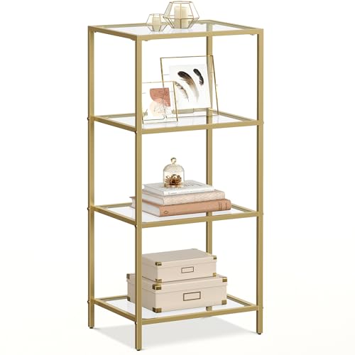 VASAGLE Gold 4-Tier Glass & Steel Bookshelf, Modern Narrow Bookcase