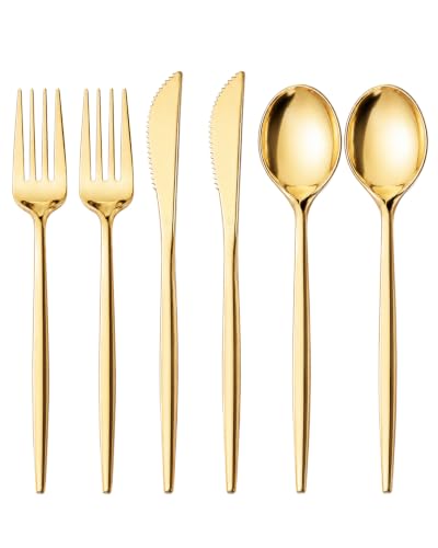 Gold Disposable Plastic Silverware Set - Heavy Duty 300 Pieces for Parties & Weddings