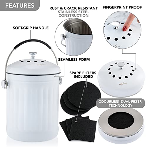 White RED FACTOR Premium Compost Bin for Kitchen Countertop 1.3 Gallon Stainless Steel