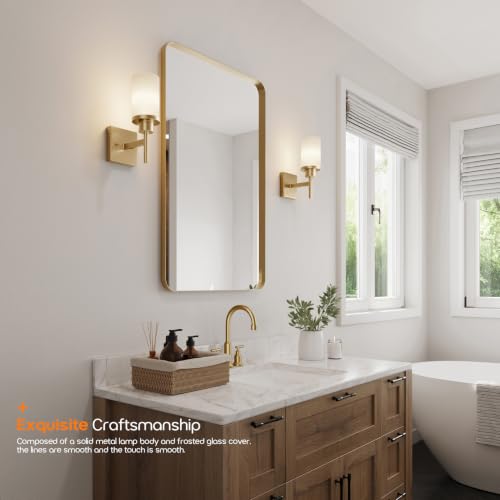 Vanity Lighting Fixtures 2 Pack with White Frosted Glass Shades - Champagne Bronze Wall Lamps for Bathroom & Bedroom - Up & Down Mounting