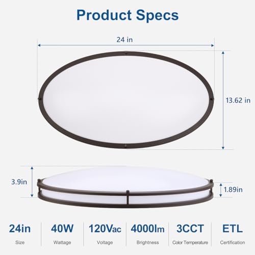 DAKASON 24-Inch Oval LED Flush Mount Ceiling Light Fixture - Oil Rubbed Brown