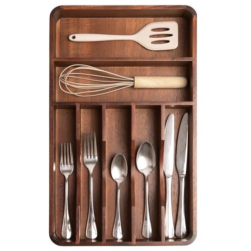 KitchenEdge Acacia Flatware & Utensil Organizer - Natural, Fixed 10.5 In