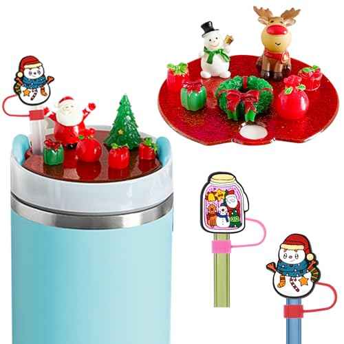 Christmas Stanley Cup Lid Accessories 12pcs,Straw Toppers for Stanley Cups 40 Oz Cute,10mm Silicone Straw Covers Cap for Tumblers