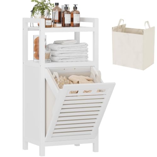 Homykic White Bamboo Tilt-Out Laundry Hamper Cabinet with Removable Bag