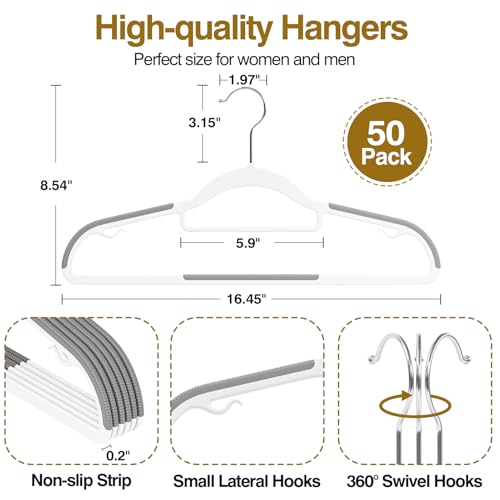 White & Dark Gray Plastic Hangers 50 Pack - Non-Slip, Heavy Duty Closet Organizers