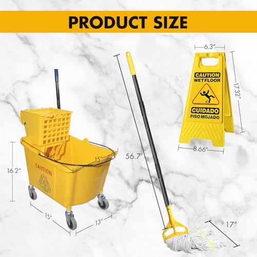 Commercial Mop Bucket Set with 2 Mop Heads & Caution Sign - 38 Quart