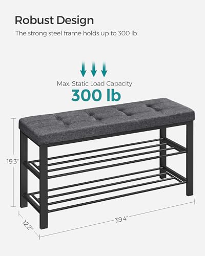 Shoe Storage Bench with Cushion, 39.4W Dark Gray & Ink Black - Entryway Organizer
