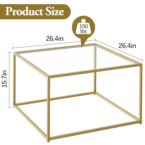 Gold 1-Tier Square Glass Coffee Table - Small Modern Living Room Center Table