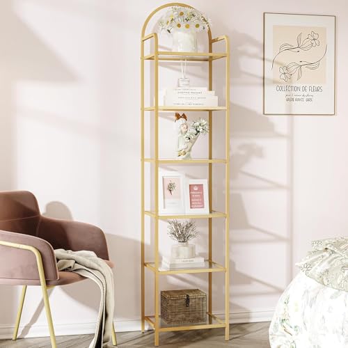 Gold 6-Tier Tempered Glass Bookcase with Oval Top - 10.2D x 15.7W x 70.3H