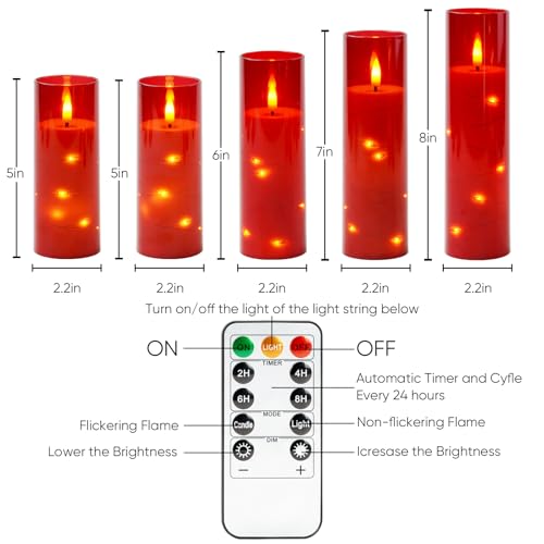 Homemory Red Flickering Flameless Candles with Remote, 5-Piece Set (2.2x5", 2.2x6", 2.2x7", 2.2x8"), 4-Timer