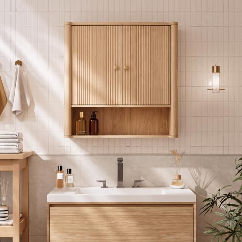 Oak Bathroom Wall Cabinet with Adjustable Shelves - Over Toilet Storage Organizer