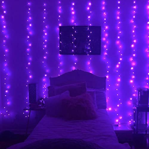 Dazzle Bright Curtain String Lights, 300 LED 9.8ft x 9.8ft 8 Lighting Modes Fairy Lights USB Powered, Waterproof Lights for Halloween Christmas Party Wedding Outdoor Indoor Wall Decorations (Purple)