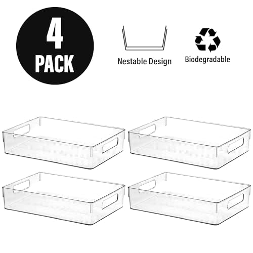 Clear Plastic Storage Bins - Pantry & Kitchen Organizer, 4 Pack 10.8 x 7.9 x 3.4 inches