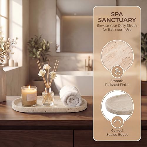 Natural Travertine Beige Oval Marble Tray - 11.8 x 5.9 Vanity Organizer - Variation of Natural Travertine Beige / 11.8" x 5.9"