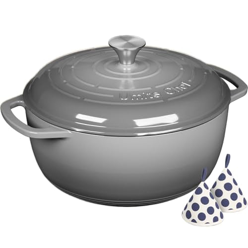 Enameled Cast Iron Dutch Oven 6QT with Lid & Cotton Potholders - Grey