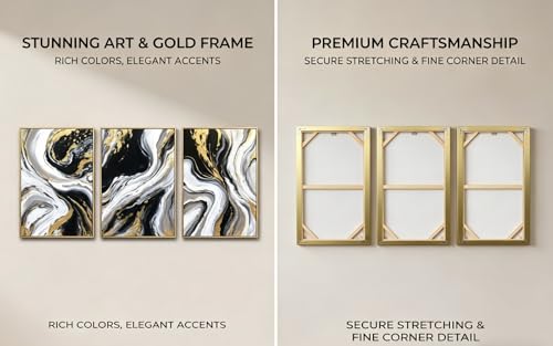 Black White and Gold 3-Piece Abstract Wall Art Set - 16x24 Inch Framed Canvas