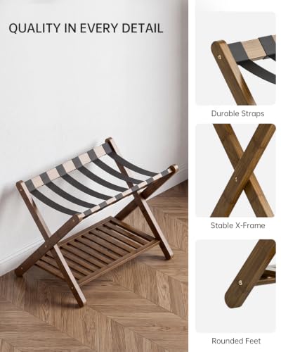 Foldable Bamboo Luggage Rack Set - Walnut Finish with Storage Shelf