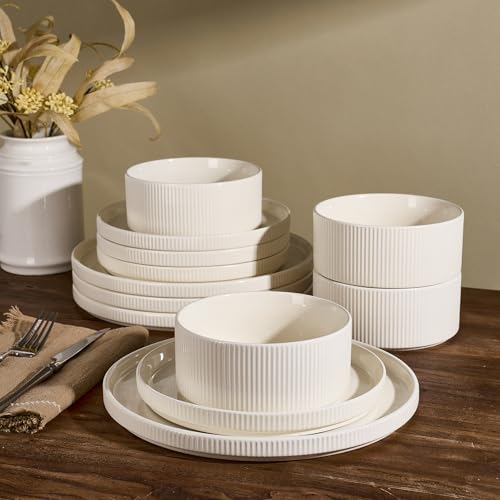 Service for 4 Creamy White Line Porcelain Dinnerware Set - 12 Pieces
