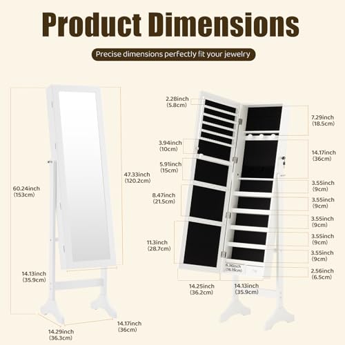 Sweetcrispy White Freestanding Jewelry Armoire Cabinet with Mirror, 60.24''H, 15.75''D