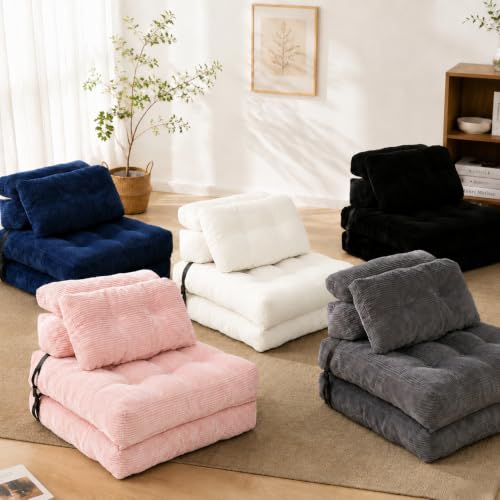 Pink Folding Sofa Bed - King Oasis Corduroy Chair Bed with Pillows, 3-in-1 Convertible Floor Couch