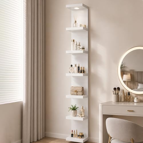 LitaEther 7-Tier White Wall Shelf with LED Remote Control Light - Floating Storage & Display Shelf